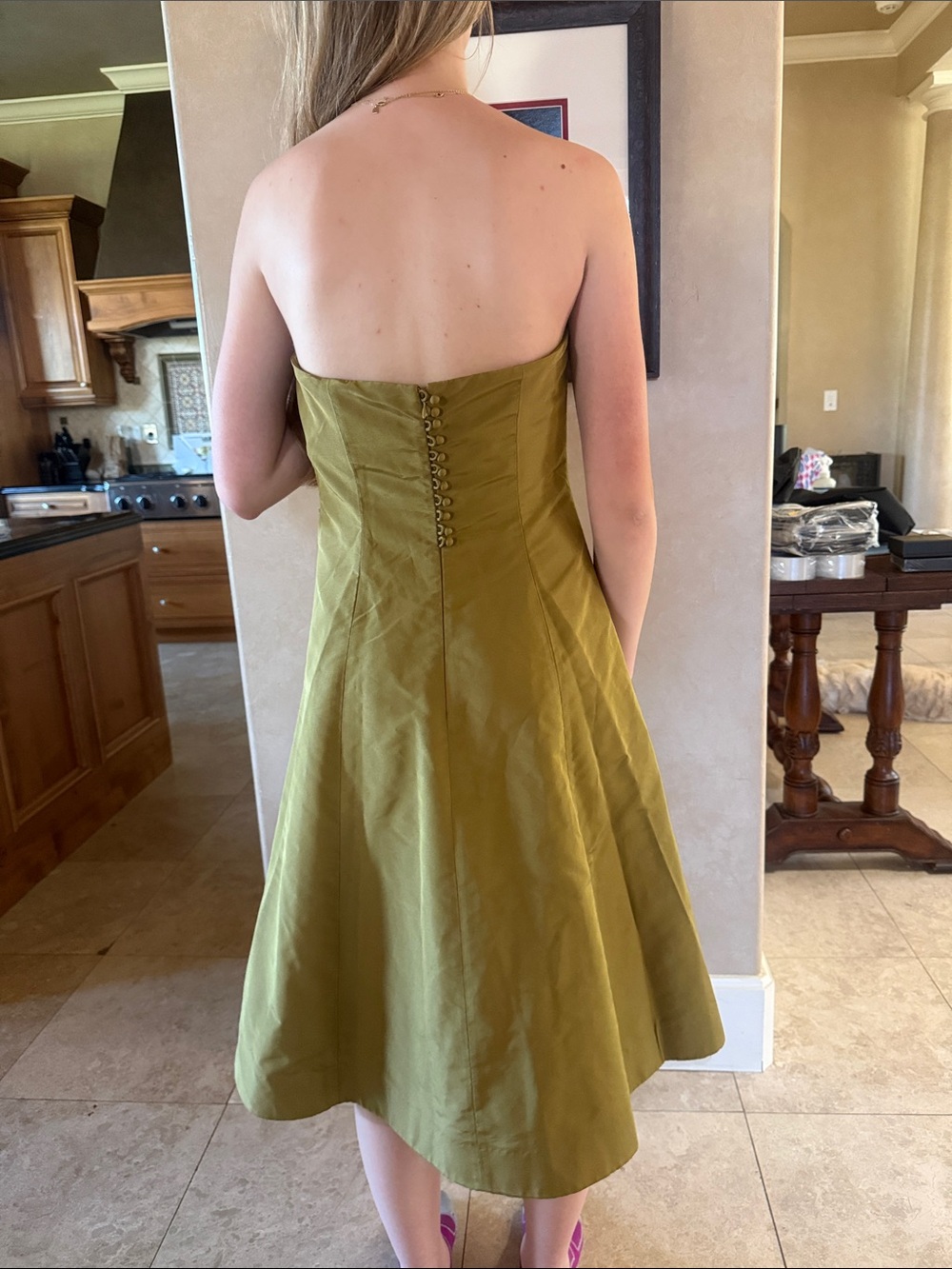J. Crew Strapless Olive Midi Fit-and-Flare Dress